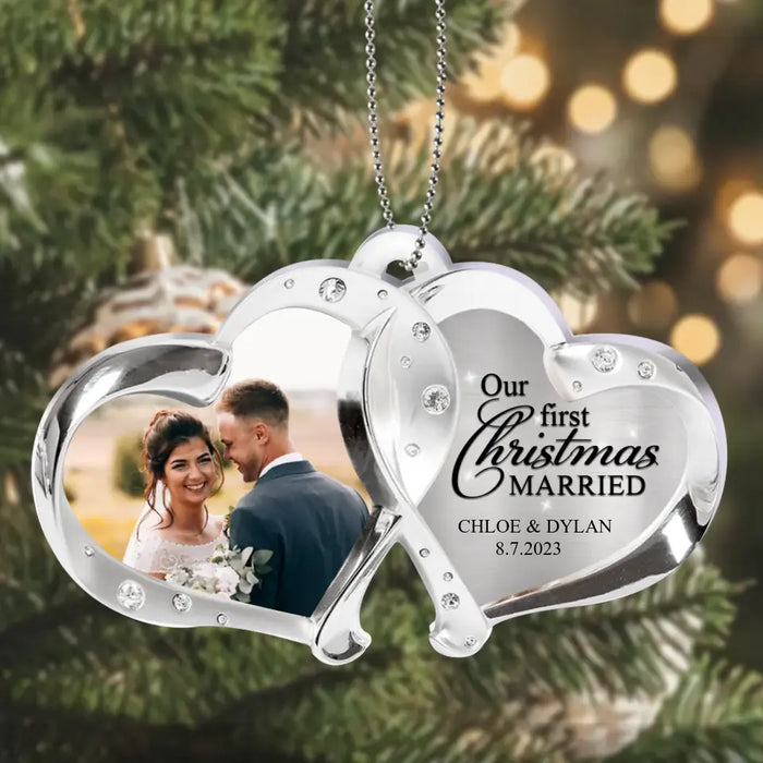 Custom Personalized Double Heart Couple Acrylic Ornament - Upload Photo - Christmas 2023/ Anniversary Gift For Couple - Our First Christmas Married