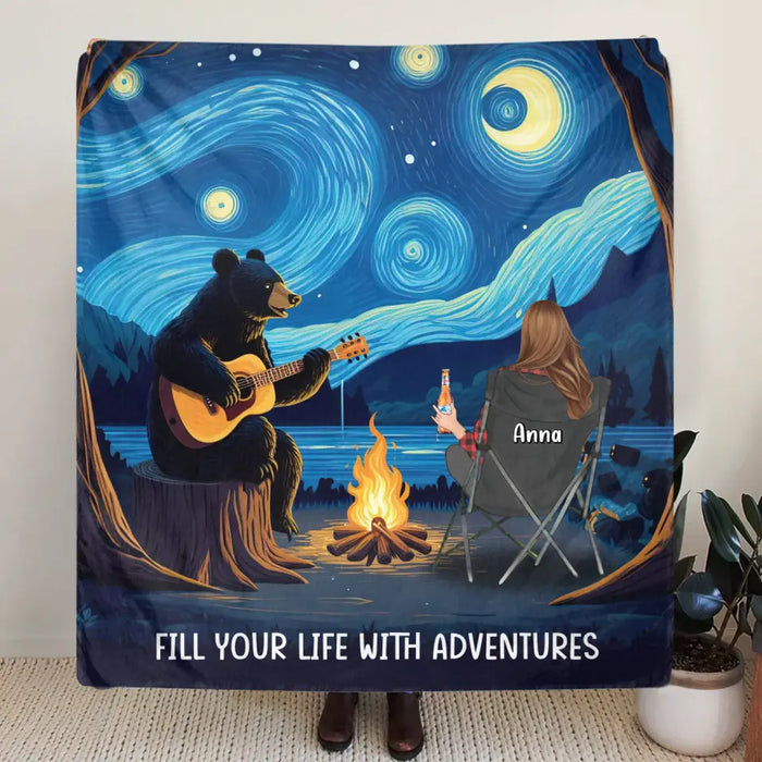 Custom Personalized Camping Life Bear Playing Guitar Quilt/Single Layer Fleece Blanket - Gift Idea For Camping Lover - Fill Your Life With Adventures