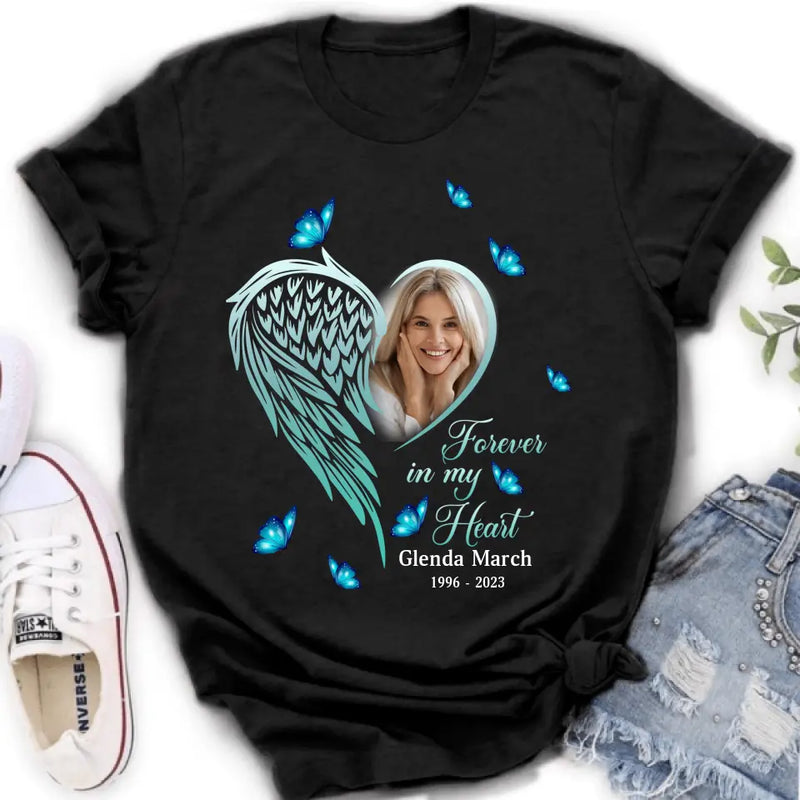 Personalized Memorial Wing Heart Shirt/Hoodie - Upload Photo - Memorial Gift Idea For Family - Forever In My Heart