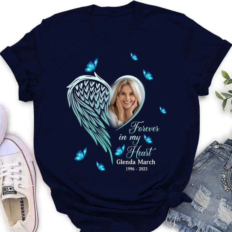 Personalized Memorial Wing Heart Shirt/Hoodie - Upload Photo - Memorial Gift Idea For Family - Forever In My Heart