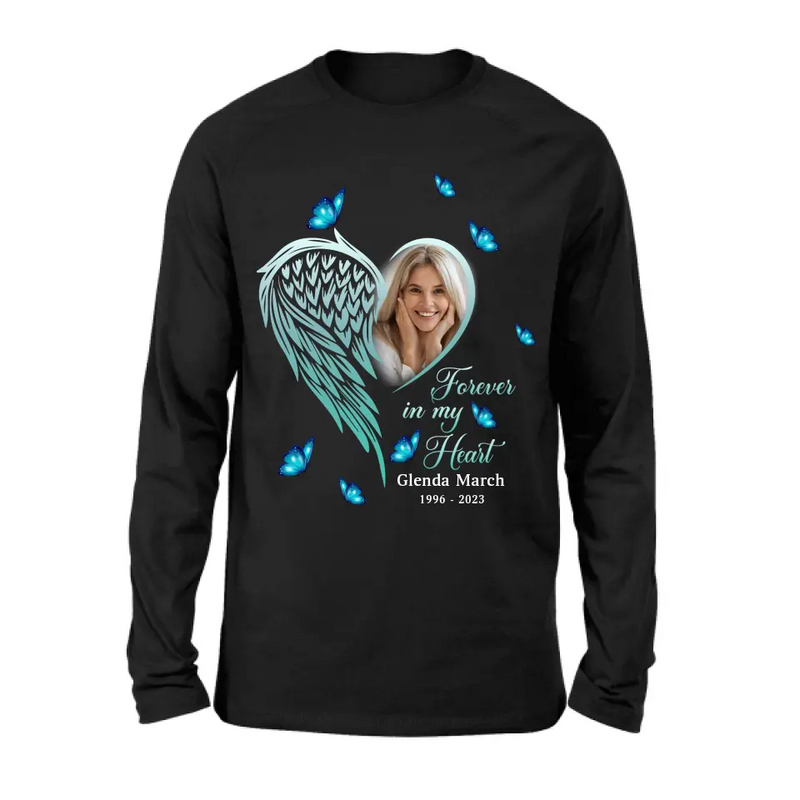 Personalized Memorial Wing Heart Shirt/Hoodie - Upload Photo - Memorial Gift Idea For Family - Forever In My Heart