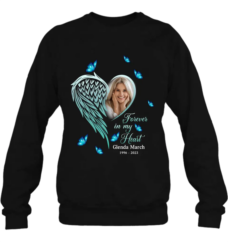 Personalized Memorial Wing Heart Shirt/Hoodie - Upload Photo - Memorial Gift Idea For Family - Forever In My Heart