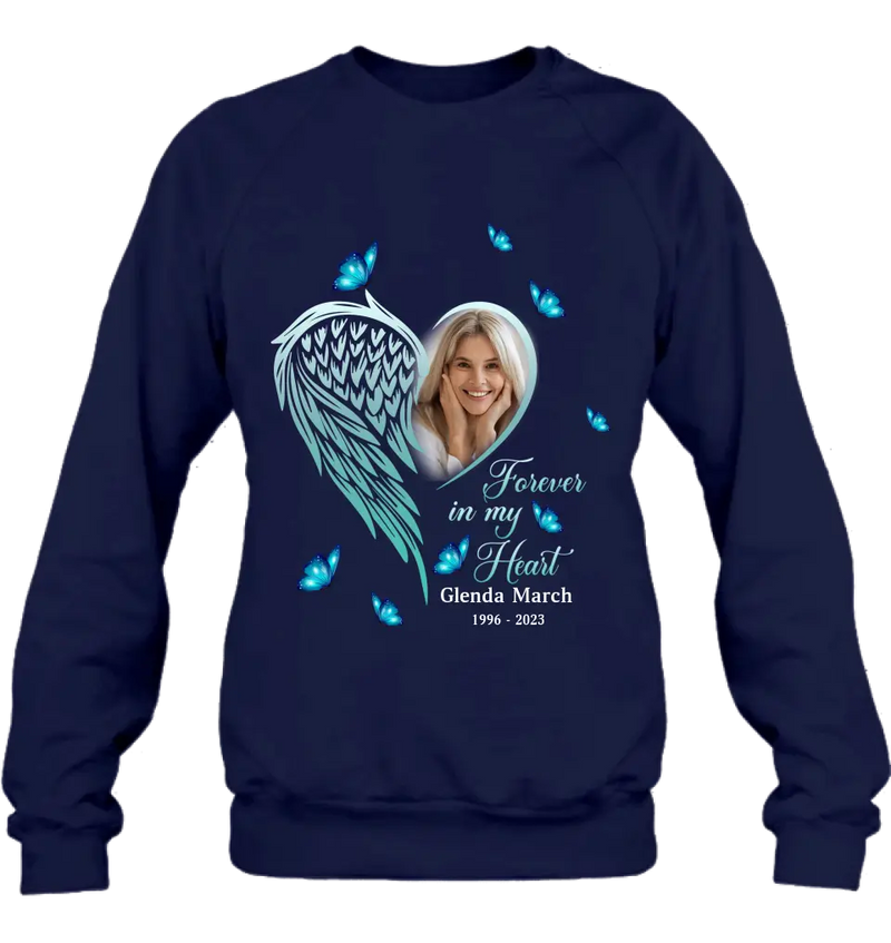 Personalized Memorial Wing Heart Shirt/Hoodie - Upload Photo - Memorial Gift Idea For Family - Forever In My Heart