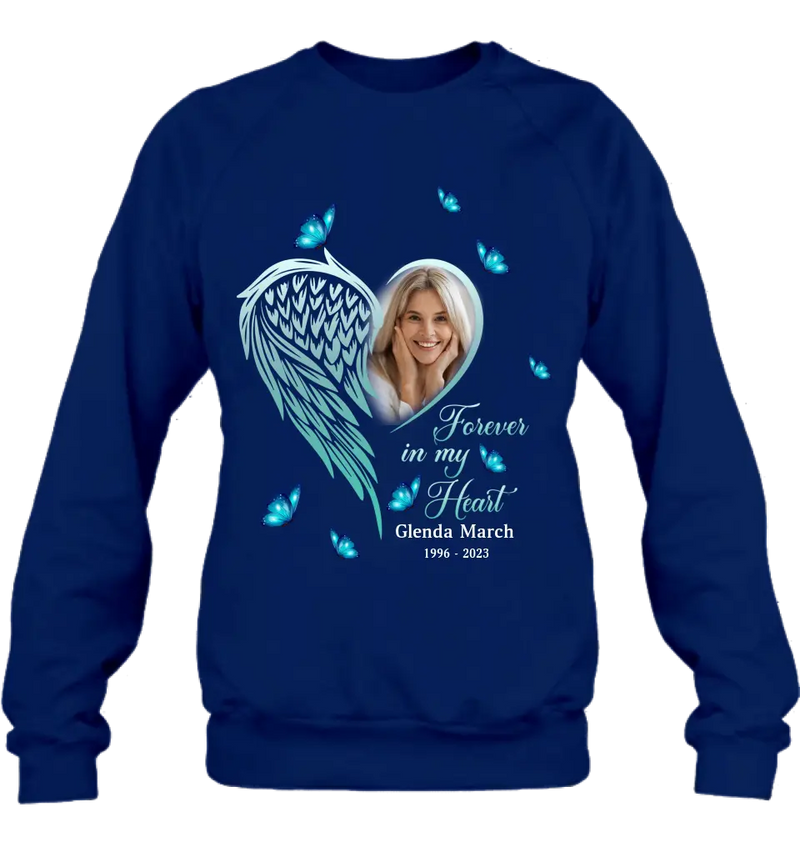 Personalized Memorial Wing Heart Shirt/Hoodie - Upload Photo - Memorial Gift Idea For Family - Forever In My Heart