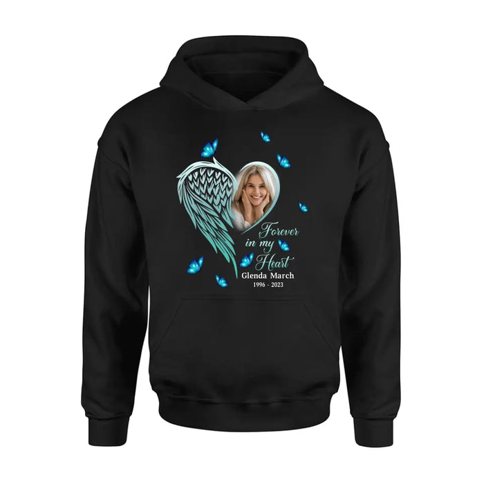 Custom Personalized Memorial Wing Heart Shirt/ Hoodie - Upload Photo - Memorial Gift Idea For Family - Forever In My Heart