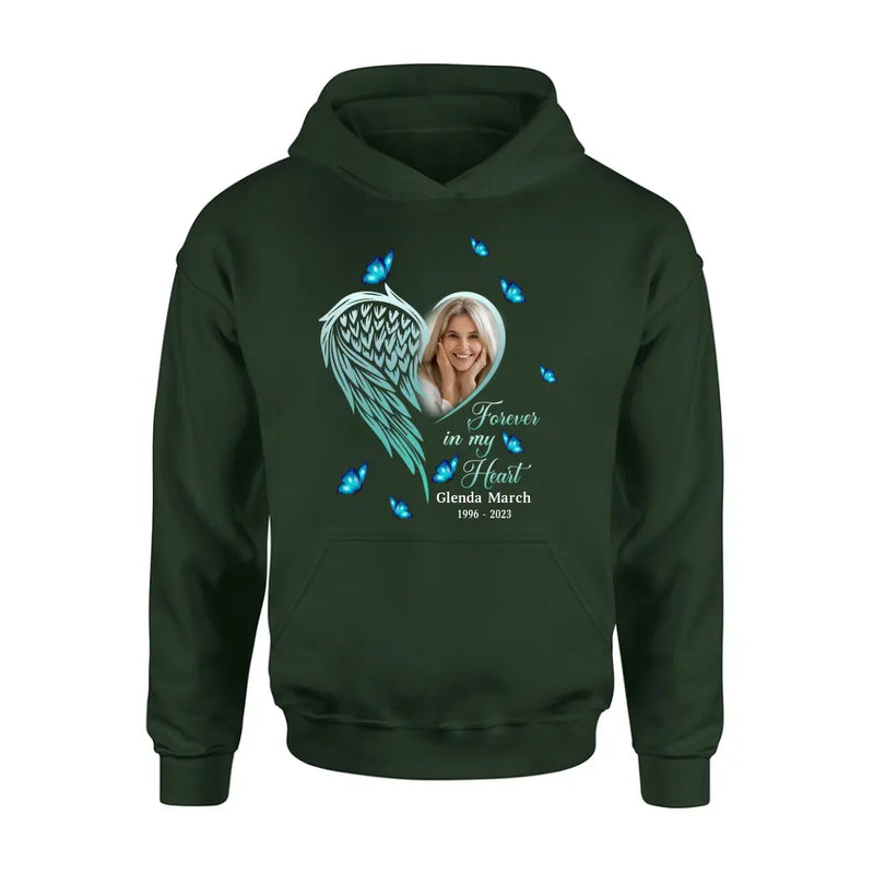 Personalized Memorial Wing Heart Shirt/Hoodie - Upload Photo - Memorial Gift Idea For Family - Forever In My Heart