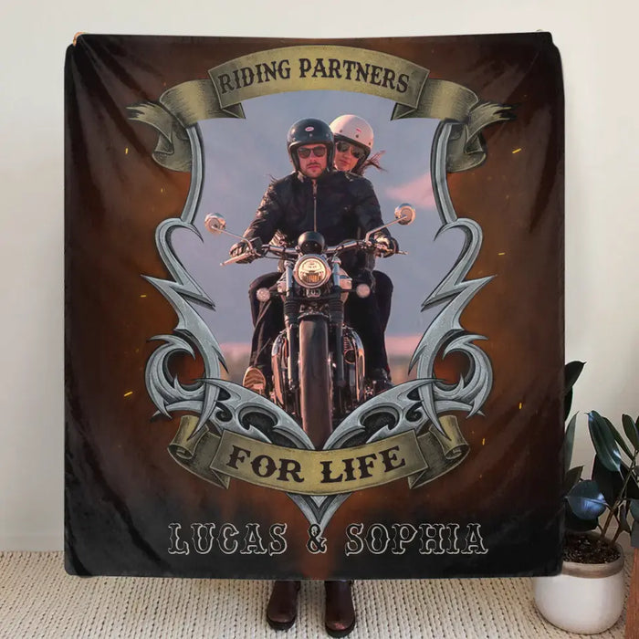 Custom Personalized Riding Couple Quilt/Single Layer Fleece Blanket - Gift Idea For Riding Lover/Couple/Him/Her - Riding Partners For Life