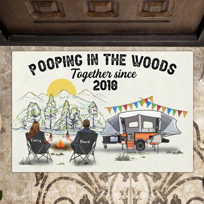 Custom Personalized Camping Doormat - Gift Idea For Camping Lover/ Couple/ Family/ Friends - Pooping In The Wood Together Since 2018