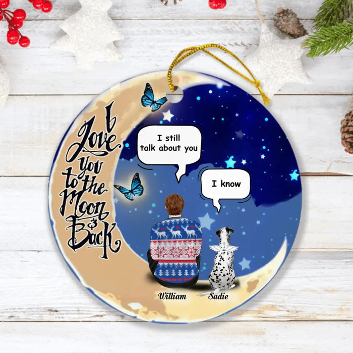 Custom Personalized Dog Moon Memorial Ornament - Man With Upto 4 Dogs - Gift For Dog Lover - I Love You To The Moon And Back