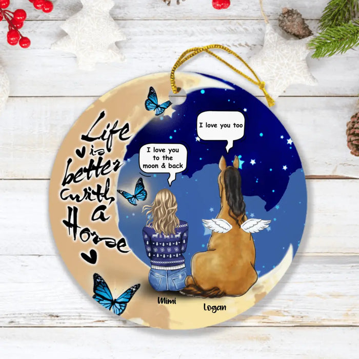 Custom Personalized Memorial Horse Moon Ornament - Woman With Upto 2 Horses - Life Is Better With A Horse