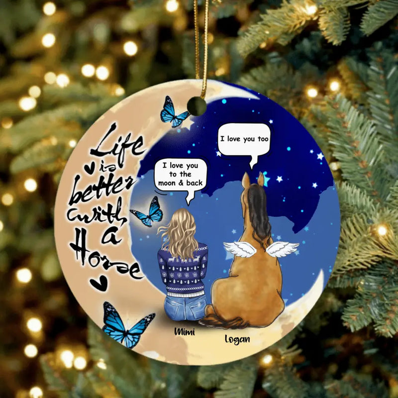 Personalized Memorial Horse Moon Ornament - Woman With Up to 2 Horses - Life Is Better With A Horse