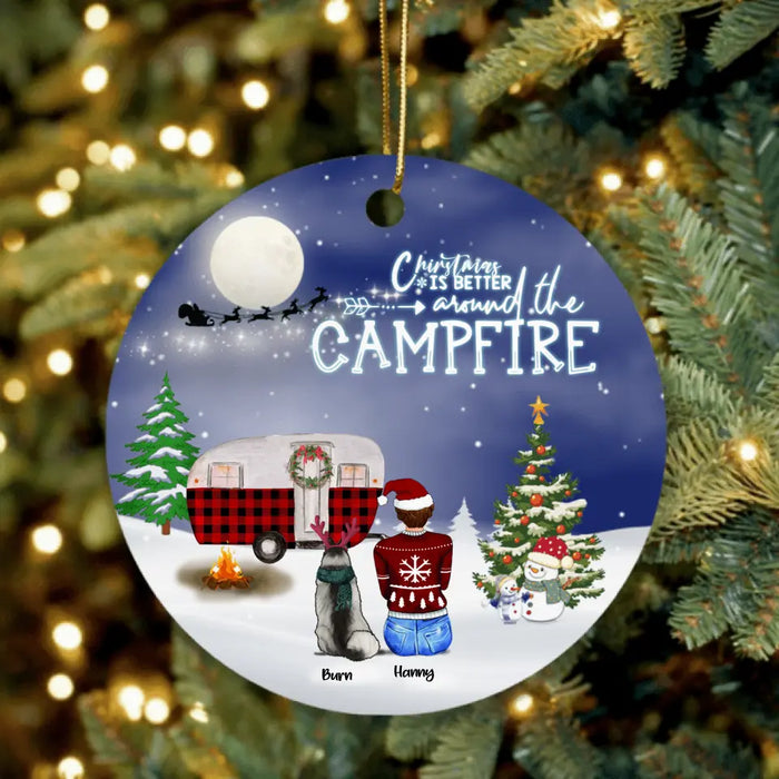 Custom Personalized Christmas Camping Ornament - Adult/ Couple / Family With Up to 4 Pets and Upto 3 Kids - Christmas Gift For Dog/ Cat Lover - Christmas Is Better Around The Campfire