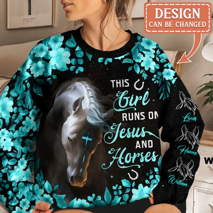 Custom Personalized Horse Ear AOP Sweater - Upto 5 Names - Gift Idea For Horse Lover - This Girl Runs On Jesus And Horses