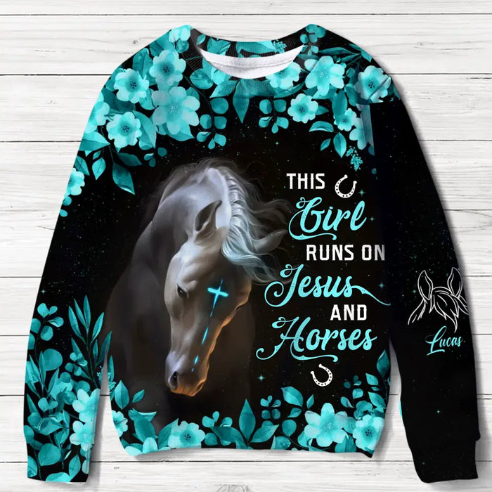 Custom Personalized Horse Ear AOP Sweater - Upto 5 Names - Gift Idea For Horse Lover - This Girl Runs On Jesus And Horses