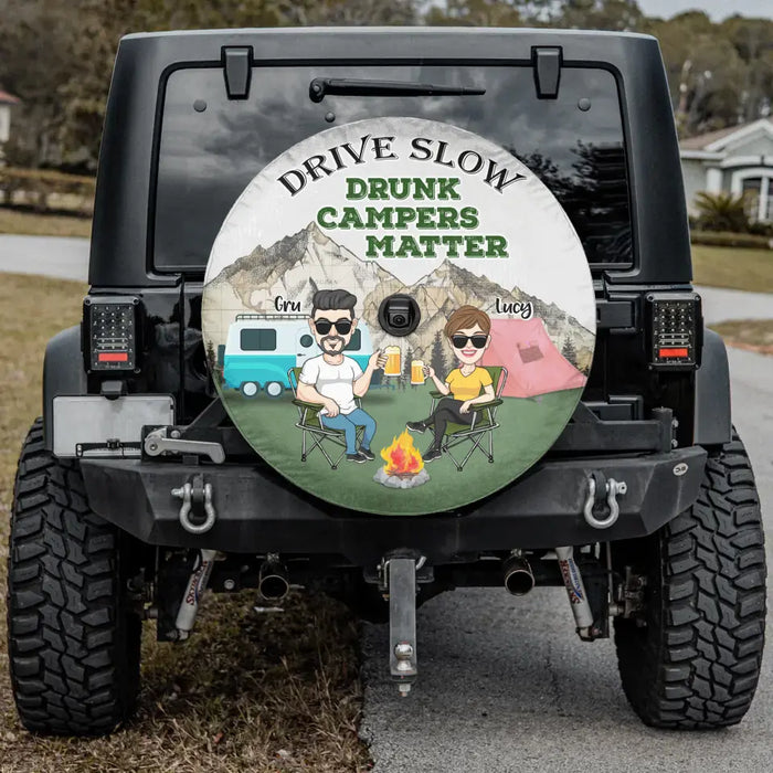 Custom Personalized Camping Couple Spare Tire Cover - Couple With Upto 4 Dogs - Gift Idea For Camping/ Dog Lover - Drive Slow Drunk Campers Matter