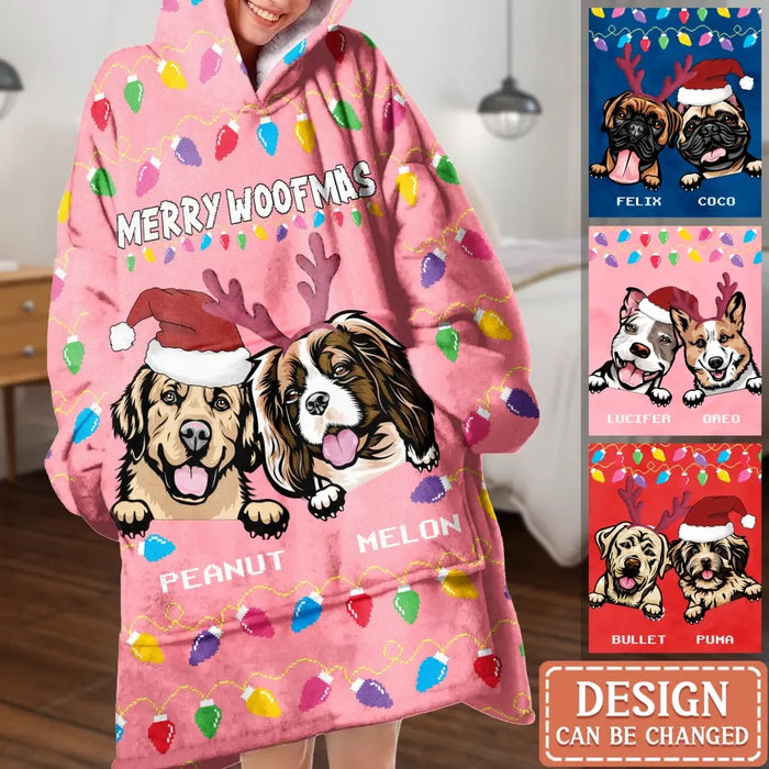 Custom Personalized Dog Mom Multicolor Blanket Hoodie - Up to 3 Dogs - Christmas Gift Idea For Dog Mom - Merry Woofmas