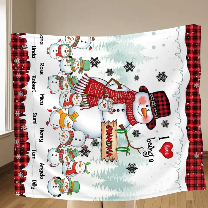 Custom Personalized Christmas Snowman Grandma Quilt/Single Layer Fleece Blanket - Upto 10 Grandkids - Christmas Gift Idea For Grandma - I Love Being A Grandma