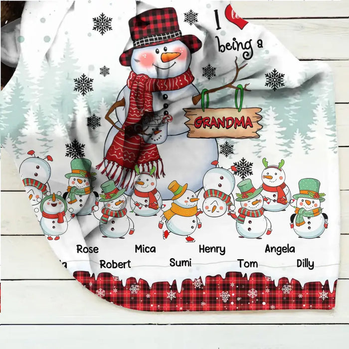 Custom Personalized Christmas Snowman Grandma Quilt/Single Layer Fleece Blanket - Upto 10 Grandkids - Christmas Gift Idea For Grandma - I Love Being A Grandma