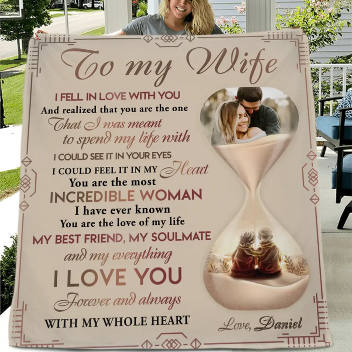 Custom Personalized Couple Hourglass Quilt/Single Layer Fleece Blanket - Upload Photo - Gift Idea To Wife From Husband - To My Wife I Fell In Love With You