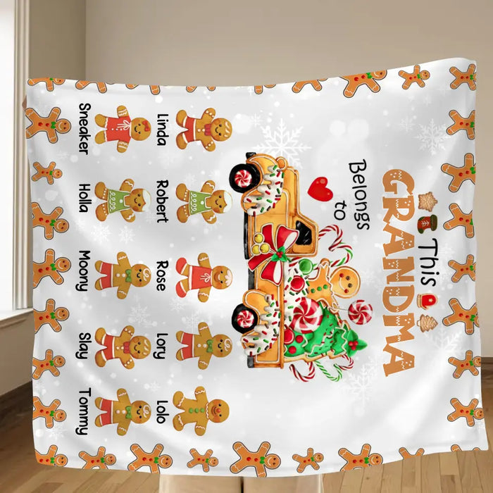 Custom Personalized Christmas Gingerbread Grandma Quilt/Single Layer Fleece Blanket - Upto 10 Grandkids - Christmas Gift Idea For Grandma - This Grandma Belongs To