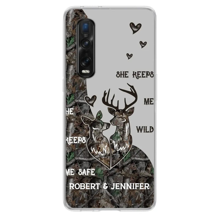 Custom Personalized Deer Couple Phone Case - Gift Idea For Couple - He Keeps Me Safe She Keeps Me Wild - Case For Oppo/ Xiaomi/ Huawei