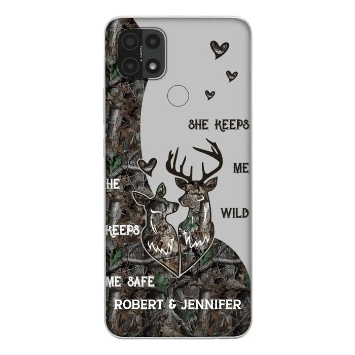 Custom Personalized Deer Couple Phone Case - Gift Idea For Couple - He Keeps Me Safe She Keeps Me Wild - Case For Oppo/ Xiaomi/ Huawei