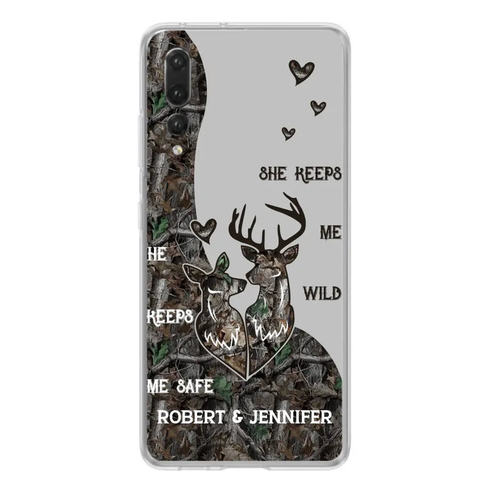 Custom Personalized Deer Couple Phone Case - Gift Idea For Couple - He Keeps Me Safe She Keeps Me Wild - Case For Oppo/ Xiaomi/ Huawei