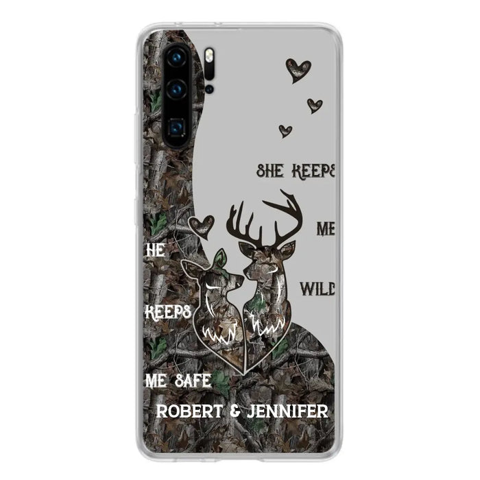 Custom Personalized Deer Couple Phone Case - Gift Idea For Couple - He Keeps Me Safe She Keeps Me Wild - Case For Oppo/ Xiaomi/ Huawei