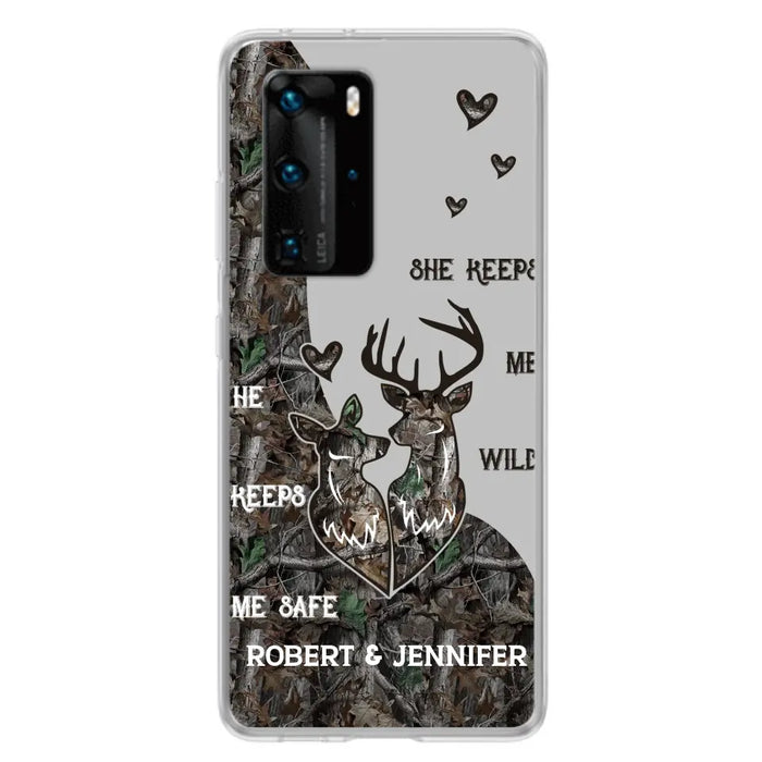 Custom Personalized Deer Couple Phone Case - Gift Idea For Couple - He Keeps Me Safe She Keeps Me Wild - Case For Oppo/ Xiaomi/ Huawei