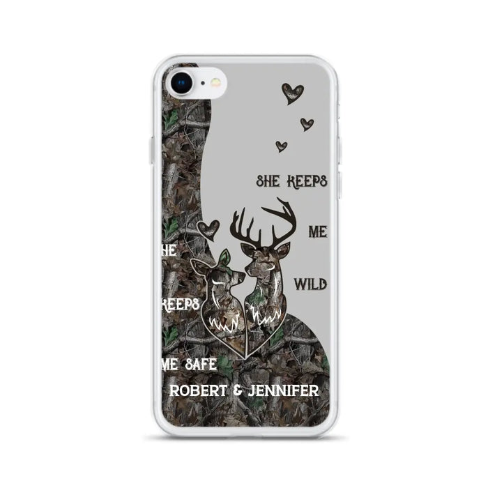 Custom Personalized Deer Couple Phone Case - Gift Idea For Couple - He Keeps Me Safe She Keeps Me Wild - Case For iPhone/Samsung