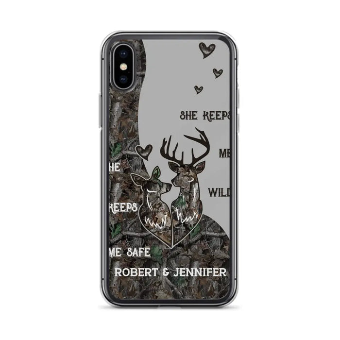 Custom Personalized Deer Couple Phone Case - Gift Idea For Couple - He Keeps Me Safe She Keeps Me Wild - Case For iPhone/Samsung