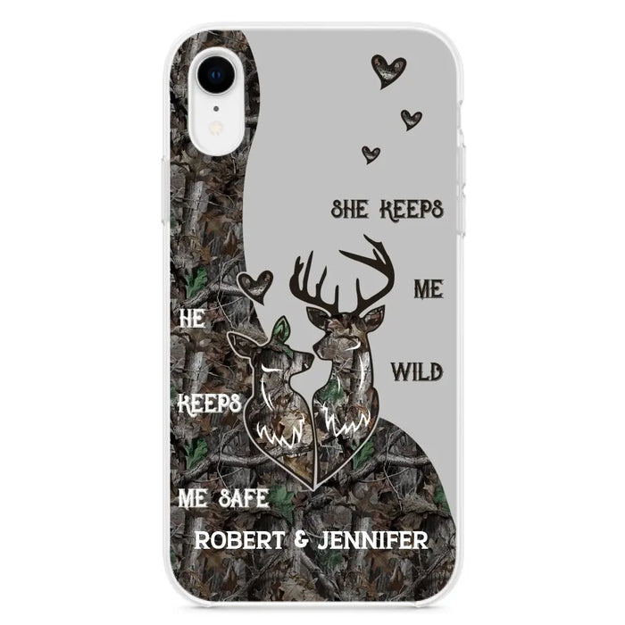 Custom Personalized Deer Couple Phone Case - Gift Idea For Couple - He Keeps Me Safe She Keeps Me Wild - Case For iPhone/Samsung