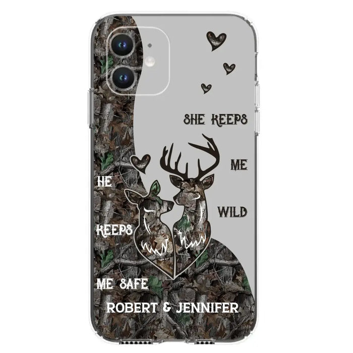 Custom Personalized Deer Couple Phone Case - Gift Idea For Couple - He Keeps Me Safe She Keeps Me Wild - Case For iPhone/Samsung