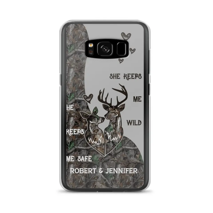 Custom Personalized Deer Couple Phone Case - Gift Idea For Couple - He Keeps Me Safe She Keeps Me Wild - Case For iPhone/Samsung