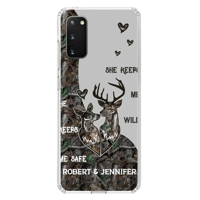 Custom Personalized Deer Couple Phone Case - Gift Idea For Couple - He Keeps Me Safe She Keeps Me Wild - Case For iPhone/Samsung