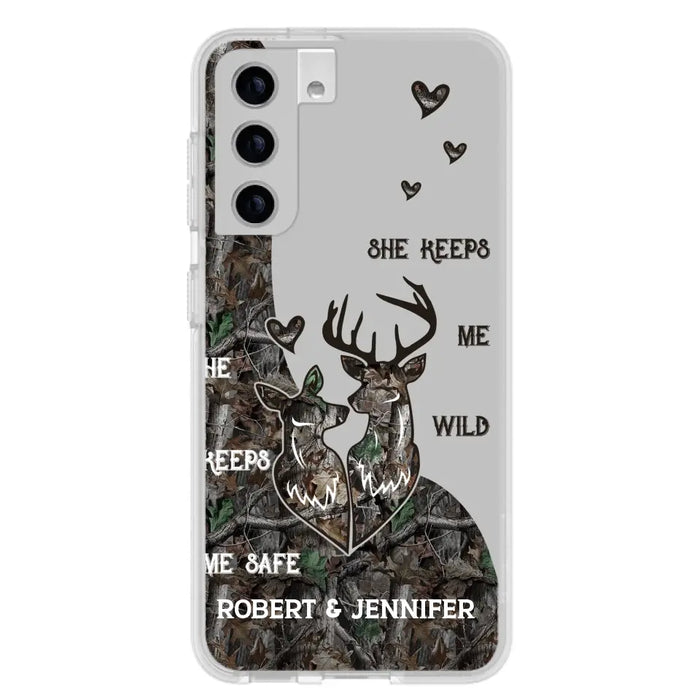 Custom Personalized Deer Couple Phone Case - Gift Idea For Couple - He Keeps Me Safe She Keeps Me Wild - Case For iPhone/Samsung