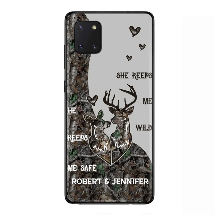 Custom Personalized Deer Couple Phone Case - Gift Idea For Couple - He Keeps Me Safe She Keeps Me Wild - Case For iPhone/Samsung