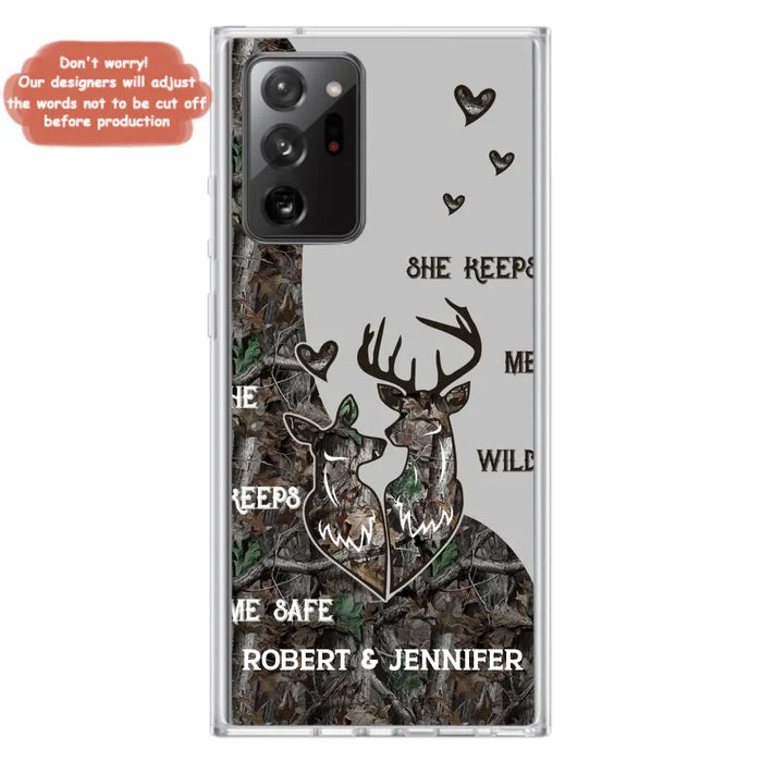 Custom Personalized Deer Couple Phone Case - Gift Idea For Couple - He Keeps Me Safe She Keeps Me Wild - Case For iPhone/Samsung