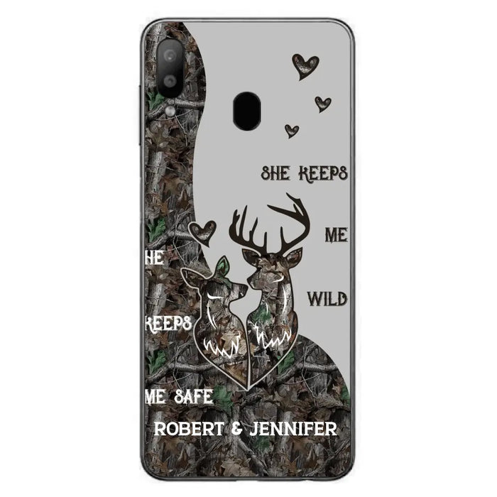 Custom Personalized Deer Couple Phone Case - Gift Idea For Couple - He Keeps Me Safe She Keeps Me Wild - Case For iPhone/Samsung