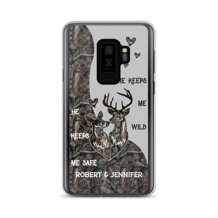 Custom Personalized Deer Couple Phone Case - Gift Idea For Couple - He Keeps Me Safe She Keeps Me Wild - Case For iPhone/Samsung