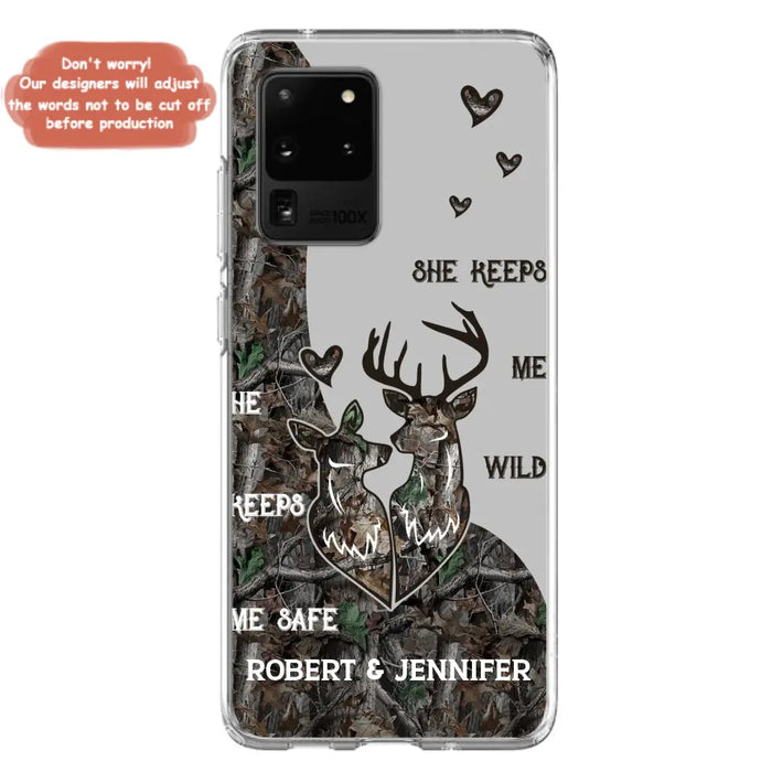 Custom Personalized Deer Couple Phone Case - Gift Idea For Couple - He Keeps Me Safe She Keeps Me Wild - Case For iPhone/Samsung