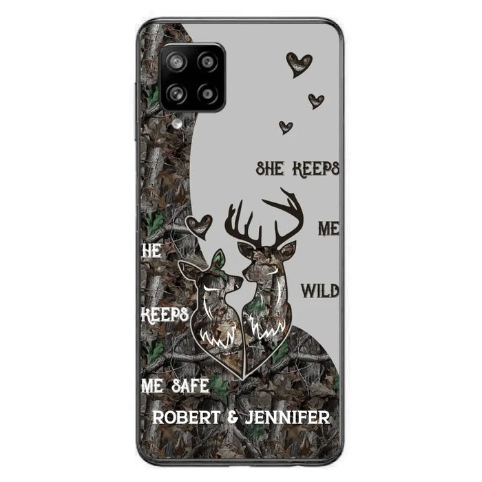 Custom Personalized Deer Couple Phone Case - Gift Idea For Couple - He Keeps Me Safe She Keeps Me Wild - Case For iPhone/Samsung