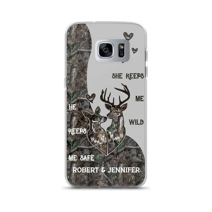 Custom Personalized Deer Couple Phone Case - Gift Idea For Couple - He Keeps Me Safe She Keeps Me Wild - Case For iPhone/Samsung