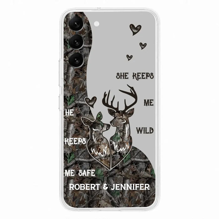 Custom Personalized Deer Couple Phone Case - Gift Idea For Couple - He Keeps Me Safe She Keeps Me Wild - Case For iPhone/Samsung