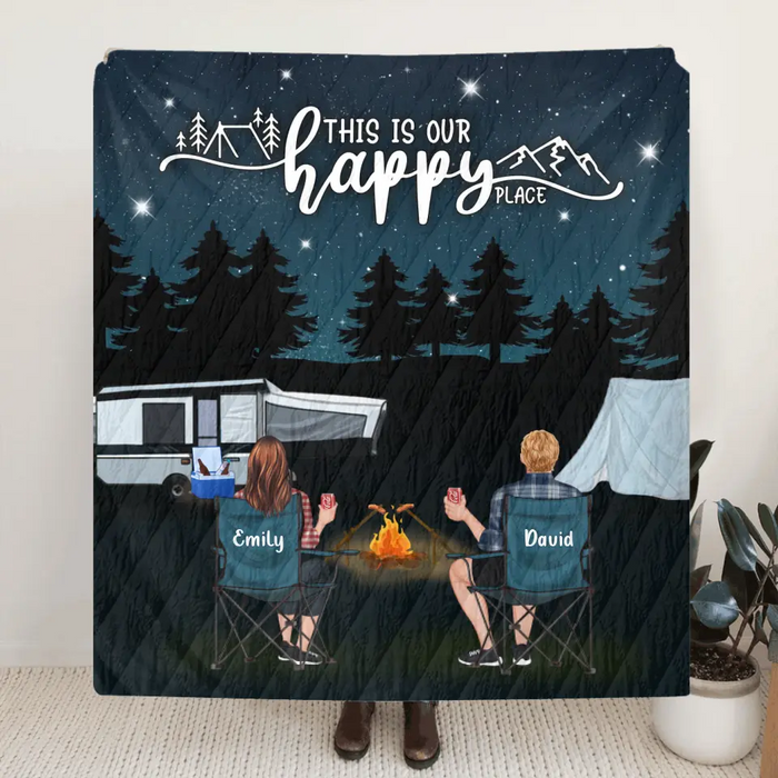 Custom Personalized Camping Family Quilt/Single Layer Fleece Blanket - Gift Idea For Camping Lover/ Couple/ Family - This Is Our Happy Place