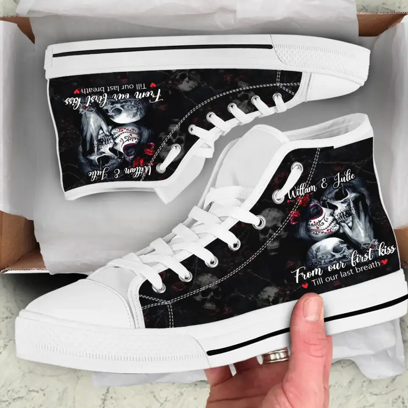 Personalized Couple Skull High Top Canvas Shoes - Gift For Couple/Husband & Wife - From Our First Kiss Till Our Last Breath