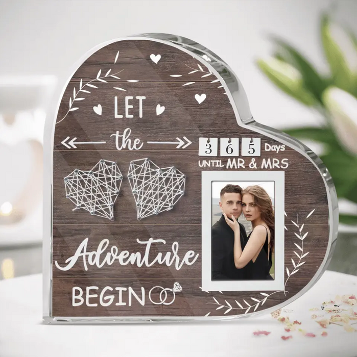 Custom Personalized Wedding Countdown Calendar Crystal Heart - Upload Photo - Engagement Gifts For Couples Newly Engaged - Let's The Adventure Begin