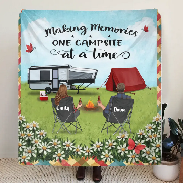 Personalized Camping Couple Family Quilt Blanket/Single Layer Fleece Blanket - Gift Idea For Whole family, Camping lovers - Making Memories One Campsite At A Time