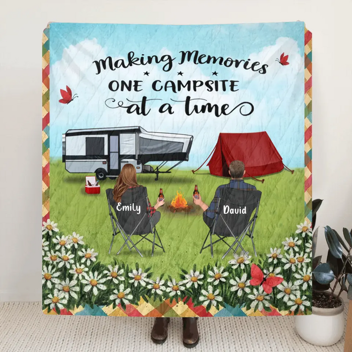 Personalized Camping Couple Family Quilt Blanket/Single Layer Fleece Blanket - Gift Idea For Whole family, Camping lovers - Making Memories One Campsite At A Time