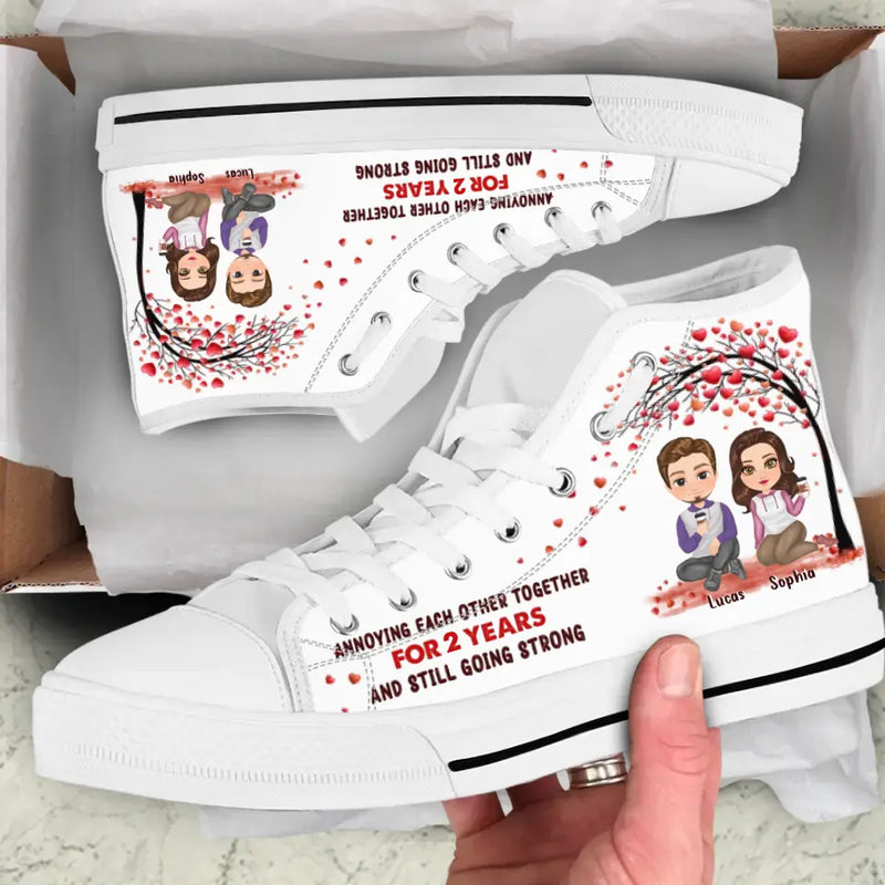 Personalized Couple High Top Canvas Shoes - Gift Idea For Couple/Him/Her/Valentines - Annoying Each Other Together For 2 Years and Still Going Strong